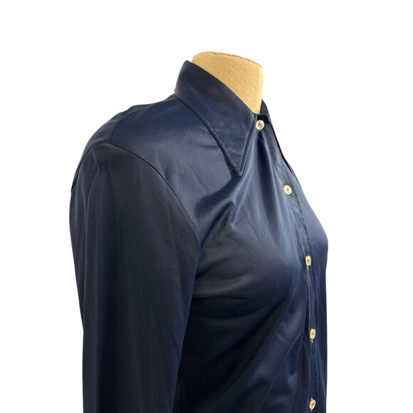 Vintage Blue Swan Nylon Satinette Button-Up Shirt Bodysuit With Pointed Collar L - Picture 3 of 13